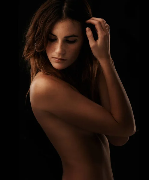 Sensual Beauty Black Gorgeous Young Woman Looking Her Bare Shoulder — Stock Photo, Image