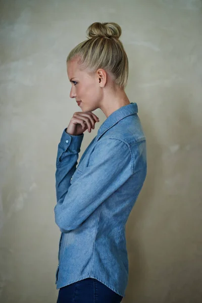 Hipster Style Studio Shot Young Woman Wearing Demin Shirt — Stock Photo, Image