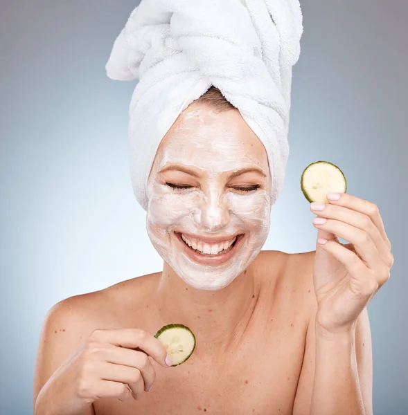 Laughing Woman Skincare Face Mask Cucumber Studio Background Acne Dermatology — Stock Photo, Image