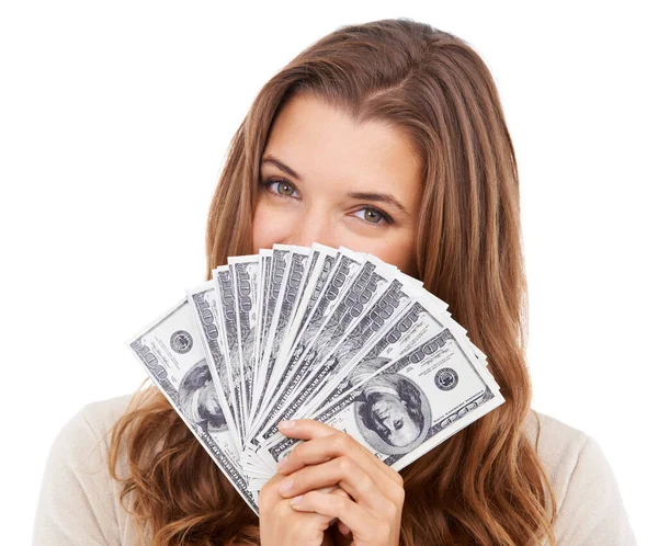 Shes Winner Portrait Attractive Young Woman Holding Dollar Bills Front — Stock Photo, Image