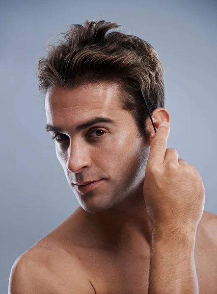 Concerned His Hair Young Man Applying Product His Hair — Stock Photo, Image