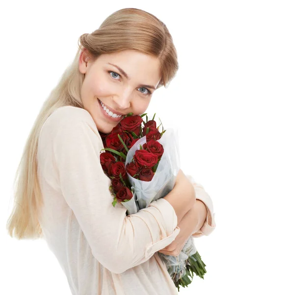 Love Them Studio Shot Beautiful Young Woman Holding Bouquet Red Royalty Free Stock Photos