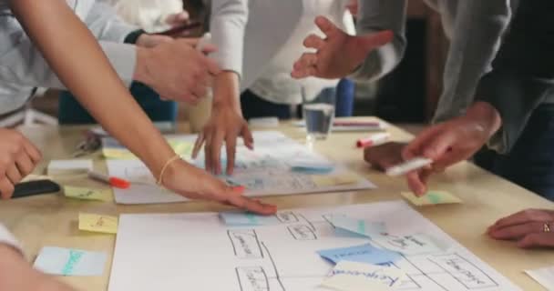 スタートアップのプロジェクト管理 アイデアのために会議でビジネスの人々との文書 粘着ノート 目標とビジョンのためのグループの手で創造的 紙とデザイン — ストック動画