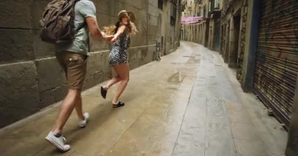 Para Bieganie Przygoda Podróży Wakacje Przygoda Plecak Barcelonie Europie Lub — Wideo stockowe