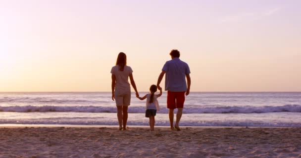 Familie Händchenhalten Und Strandurlaub Von Mutter Vater Und Kind Meer — Stockvideo