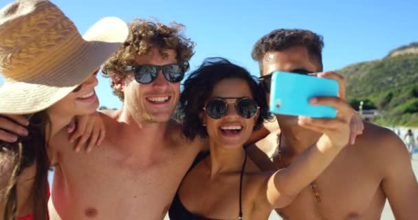Друзі Свята Групові Селфі Пляжі Смартфоном Соціальних Медіа Свободи Літніх — стокове відео