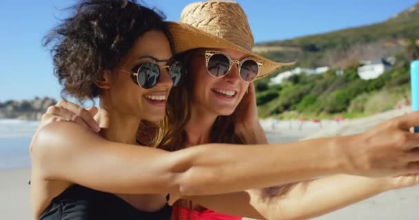 海滩和朋友与太阳镜社交媒体帖子 度假博客和影响者生活方式的更新在夏天 热带岛屿上的假日 智能手机摄影和海上多样化妇女 — 图库视频影像
