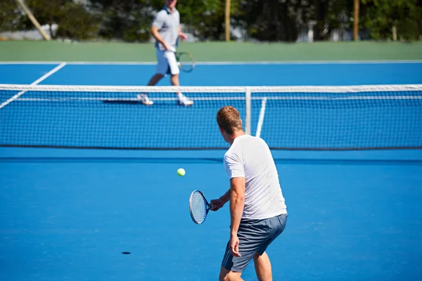 Montre Chaque Entraînement Tennis Plan Arrière Deux Personnes Jouant Tennis — Photo