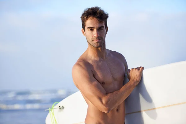 Chasing Waves His Passion Handsome Young Surfer Beach Craving Good — Stock Photo, Image