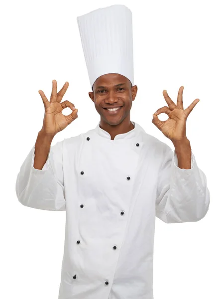 Ele Vive Para Cozinhar Estúdio Tiro Jovem Chef Isolado Branco — Fotografia de Stock