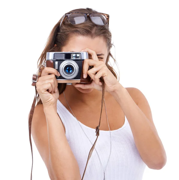 Retro Chic Attraktive Junge Frau Fotografiert Mit Retro Kamera — Stockfoto