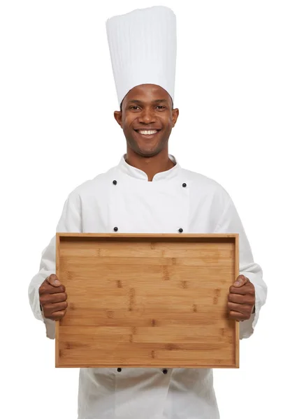 Bereit Einen Leckerbissen Servieren Ein Afroamerikanischer Koch Mit Einem Tablett — Stockfoto