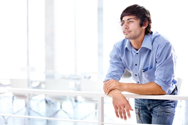 Thinking Part Creative Process Young Business Professional Leaning Railing — Stock Photo, Image