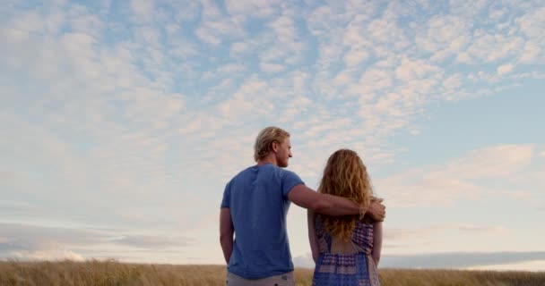 浪漫的夫妻在爱情的结合和放松中 一起看自然景观和乡村日落 高加索人的女朋友和男朋友在户外拥抱拥抱 — 图库视频影像