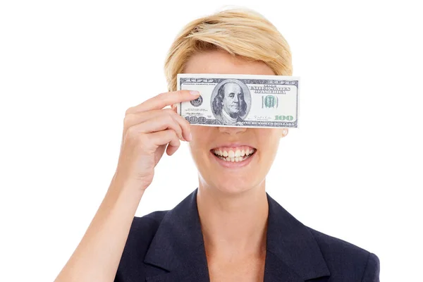 Money Makes Smile Young Businesswoman Holding 100 Dollar Bill Front — Stock Photo, Image