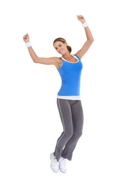 Feeling Great Her Health Energetic Young Woman Sportswear Jumping While — Stock Photo, Image