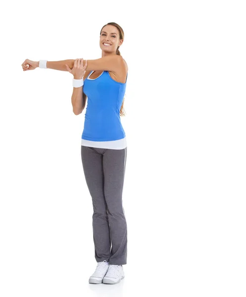 Esticar Músculos Mulher Jovem Saudável Sportswear Alongamento Enquanto Isolado Branco — Fotografia de Stock