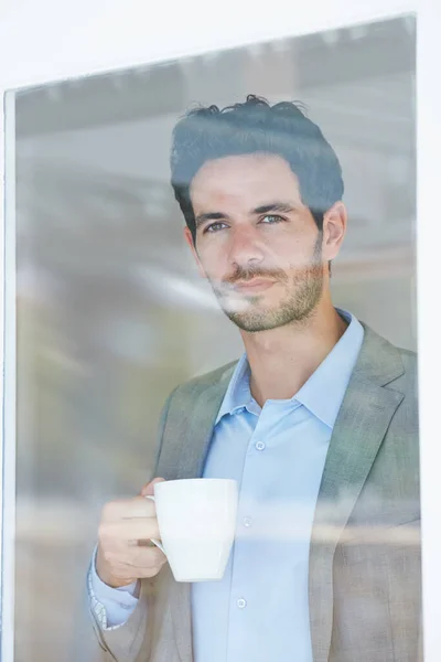 Taking Time Enjoy His Morning Portrait Handsome Young Man Drinking — Stock Photo, Image