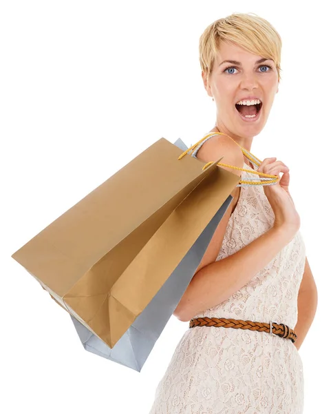 Opgewonden Geweldige Shopping Spree Een Mooie Jonge Vrouw Dragen Boodschappentassen — Stockfoto