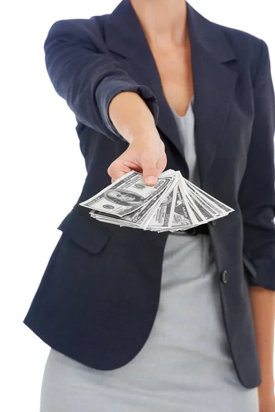 Día Suerte Una Mujer Negocios Que Ofrece Algo Dinero —  Fotos de Stock