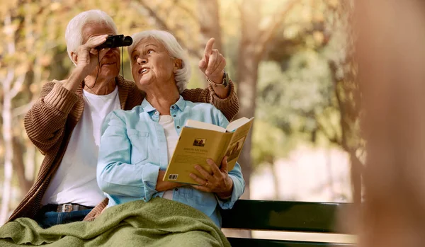 Happy senior couple bird watching in park for relax bonding time together, freedom and retirement peace on outdoor bench. Elderly marriage love, binoculars and book reading woman with man pointing.