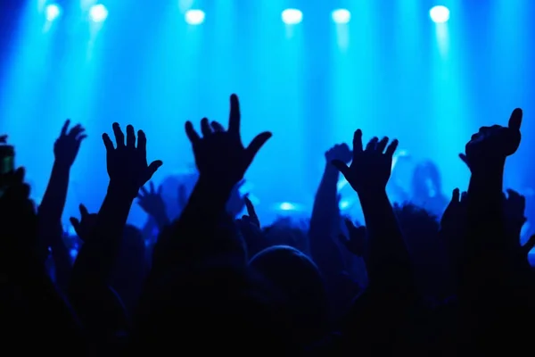 Музыка Объединяет Нас Толпа Людей Наблюдающих Выступлением Группы Сцене Ночного — стоковое фото