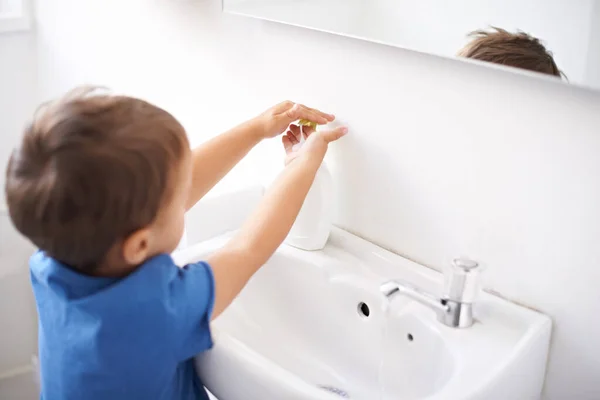 Washing Away Days Dirt Cute Young Boy Washing His Hands — Stock Photo, Image