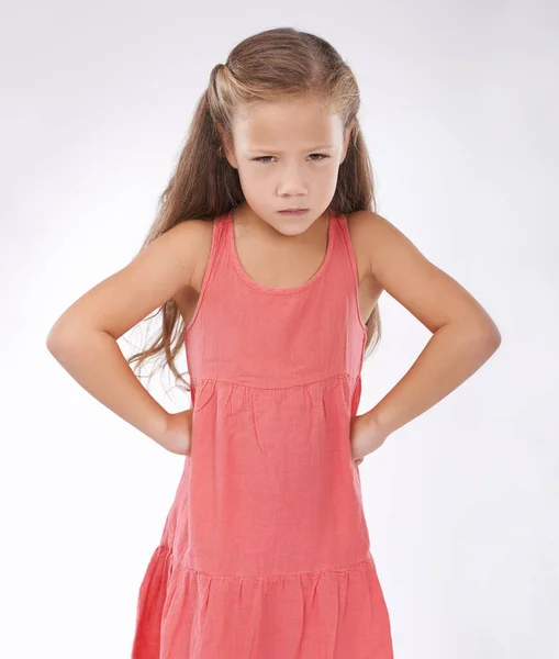 Really Impressed Studio Portrait Grumpy Little Girl Her Hands Her — Stock Photo, Image