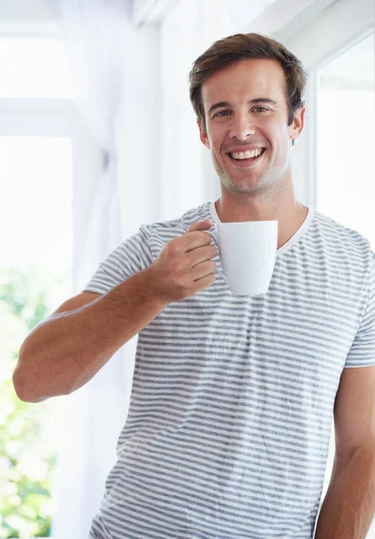 Starting Day Smile Young Man Smiling While Holding Cup Coffee — Stock Photo, Image
