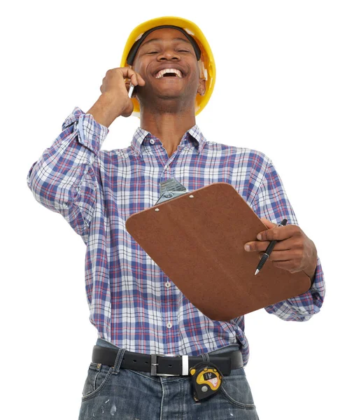 Trabalhador Construção Estúdio Homem Afro Americano Roupas Construção Falando Celular — Fotografia de Stock