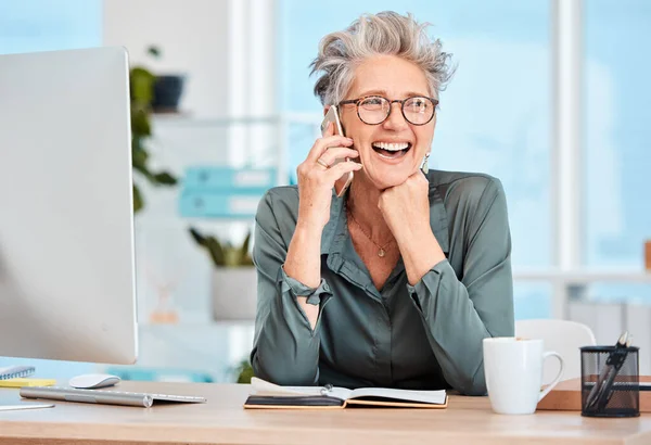 Phone call, office and senior business woman planning strategy, project or proposal in book. Happy, smile and elderly professional manager on mobile conversation while working on management report
