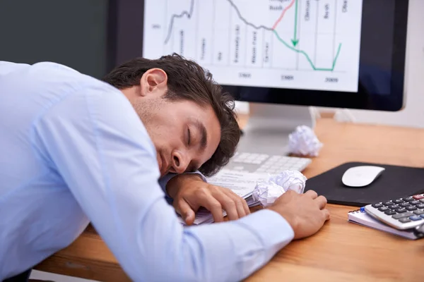 Trabajo Agota Vista Trasera Hombre Negocios Durmiendo Escritorio — Foto de Stock
