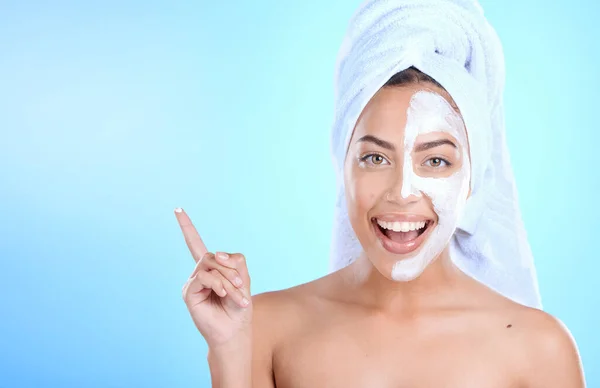 Skincare, beauty and woman portrait doing morning cream, face mask and skin wellness happy. Product placement, cosmetics and marketing mockup of a model smile with facial , dermatology and self care.