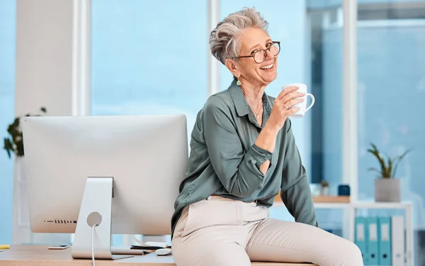 stock image Office, coffee break and portrait of woman boss happy with business career success, company management and workspace. Relax corporate employee, coffee cup drink and computer for workplace inspiration.