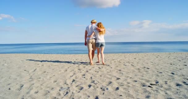 ビーチを歩くカップルの後ろ 新婚旅行のためのバリの夏休みと休日 青い空とロマンチックなデートで愛とキス 幸せなカップルは海と熱帯の海でリラックス — ストック動画