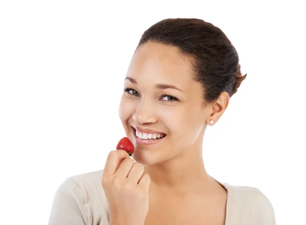 Strawberries Favorite Young Woman Smiling While Holding Fresh Strawberry Isolated — Stock Photo, Image