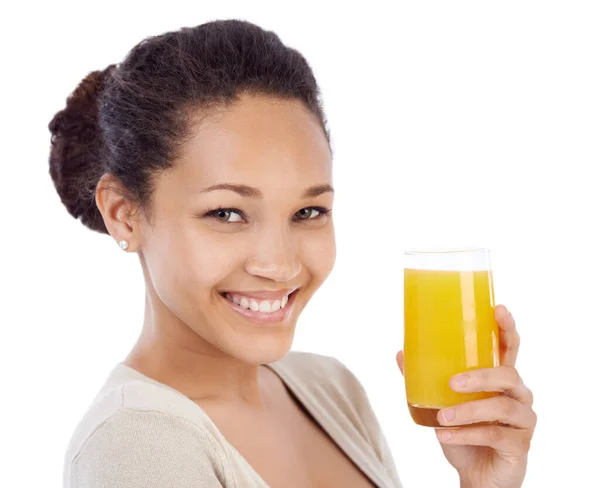 Delicioso Tan Saludable Mujer Joven Sonriendo Mientras Bebe Vaso Jugo —  Fotos de Stock