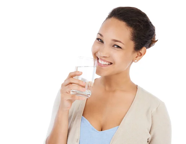 Het Belangrijk Minstens Glazen Dag Drinken Jonge Vrouw Glimlachen Tijdens — Stockfoto