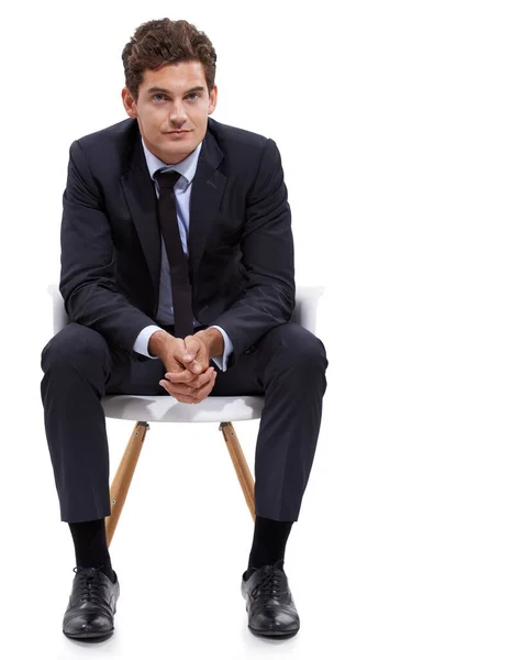 Waiting You Impress Him Young Businessman Sitting Chair White Background — Stock Photo, Image