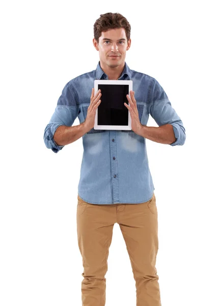 Podias Estar Neste Ecrã Jovem Casual Segurando Seu Tablet Digital — Fotografia de Stock