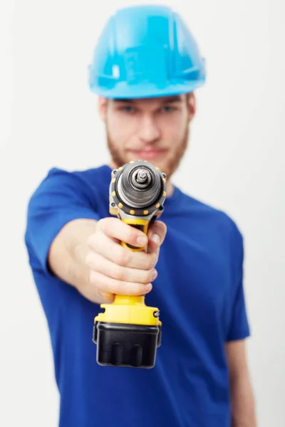 Promoting Power Tools Portrait Young Man Wearing Hardhat Holding Power — Stock Photo, Image