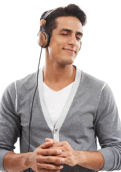 Loves Music Handsome Young Man Listening Music His Headphones His — Stock Photo, Image