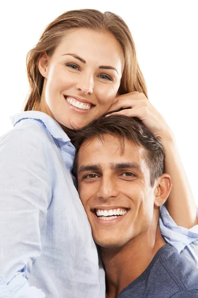 Hes Only One Young Couple Embracing Lovingly White Background — Stock Photo, Image