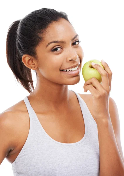 Készen Áll Egy Egészséges Harapnivalóra Egy Gyönyörű Fiatal Sportruházatban Almát — Stock Fotó