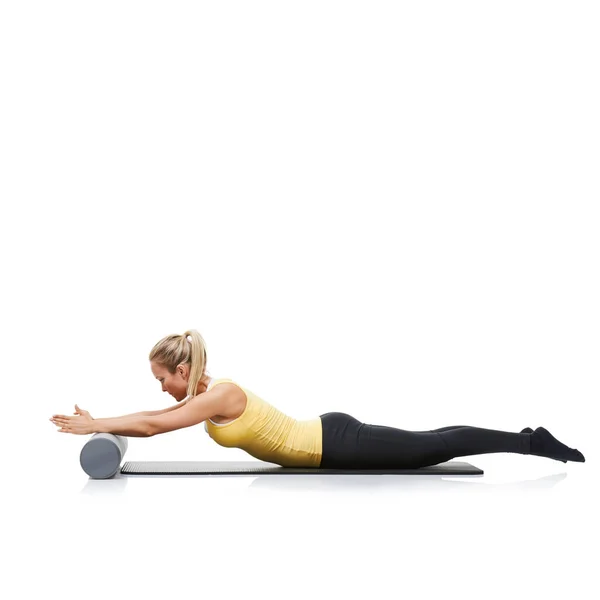 Stretching Out Her Muscles Workout Young Woman Using Foam Roller — Stock Photo, Image