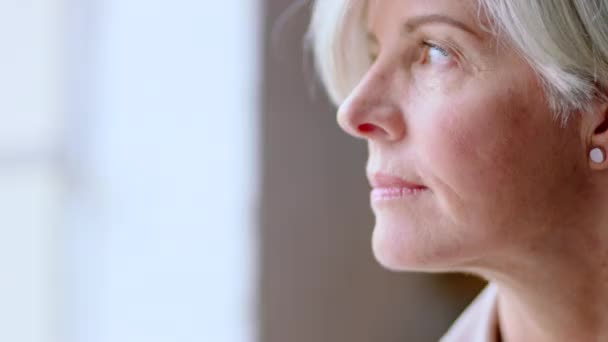 Σκέψη Γυναίκα Παράθυρο Και Άγχος Για Συνταξιοδότηση Ασφάλιση Ζωής Και — Αρχείο Βίντεο