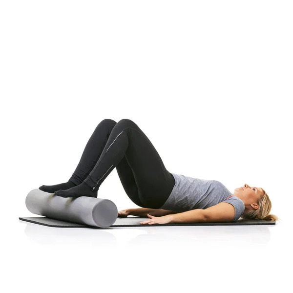 Raising Her Legs Purchase Push Young Woman Lying Exercise Mat — Stock Photo, Image