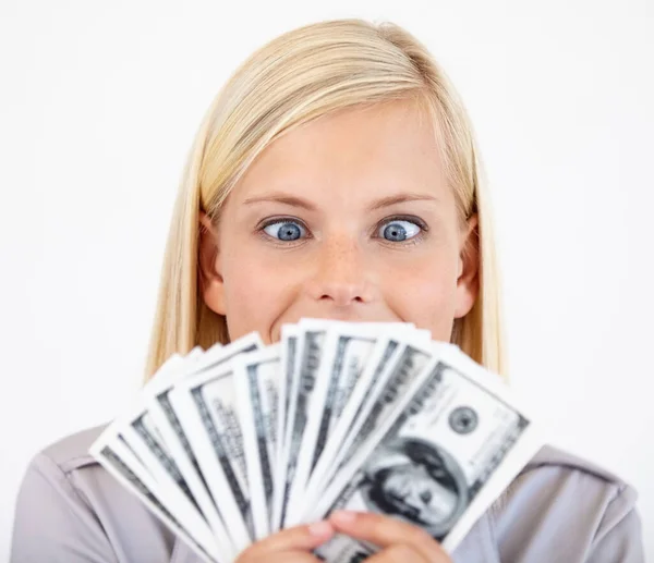 Geld Geld Geld Geld Eine Aufgeregte Junge Frau Blickt Mit — Stockfoto