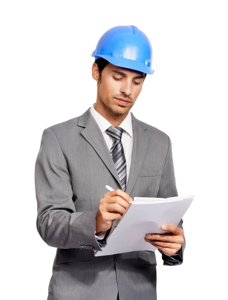 Overseeing Construction Site Handsome Young Contractor Hardhat Taking Notes While — Stock Photo, Image