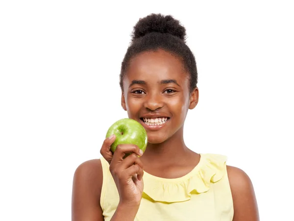 Elmalar Besleyici Bir Aperatiftir Beyaz Bir Elmayı Tutan Afrikalı Amerikalı — Stok fotoğraf